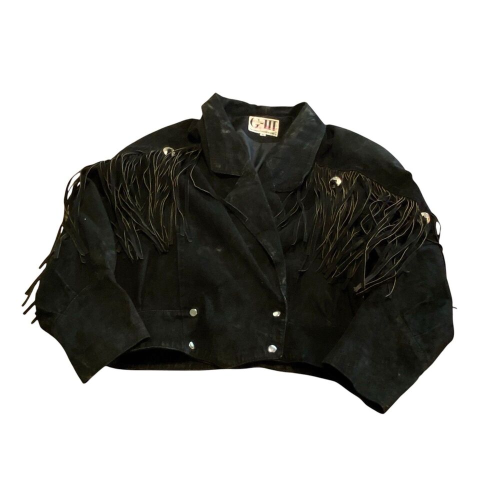 Vintage GIII Women’s Leather Jacket Coat Fringe G3 Black Western 80s 90s Medium